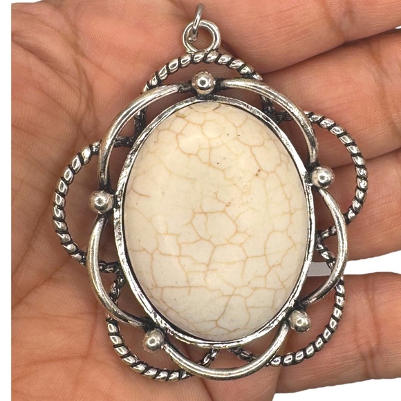 Oval White Howlite Turquoise Pendant With Silver-Tone Rope & Filigree Frame - Picture 4 of 6